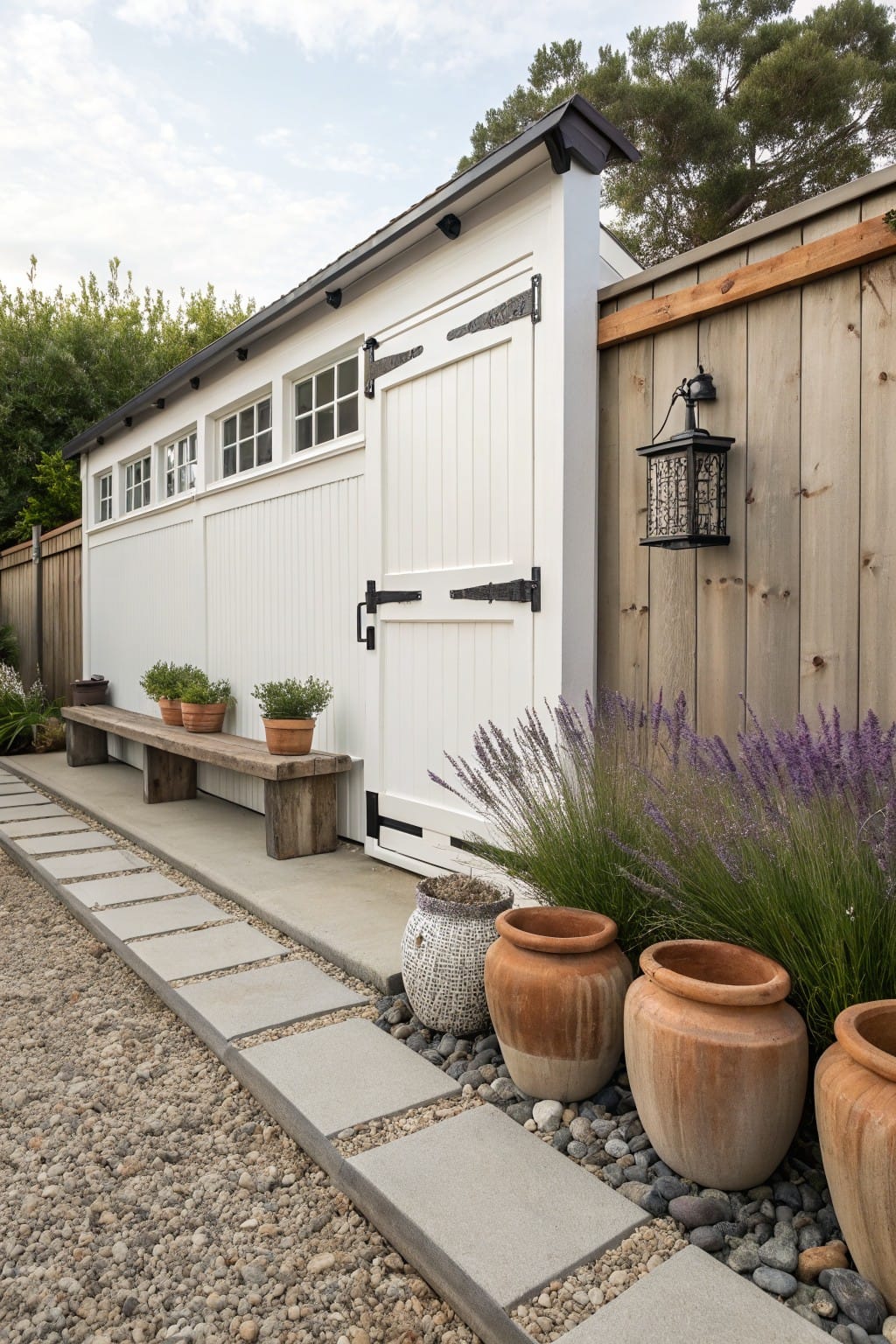 White wooden shed with double doors and windows in a backyard, base surrounded by gravel and rocks, large terracotta pots with plants, lavender shrubs, wooden bench, and stone paver path edged with pebbles.