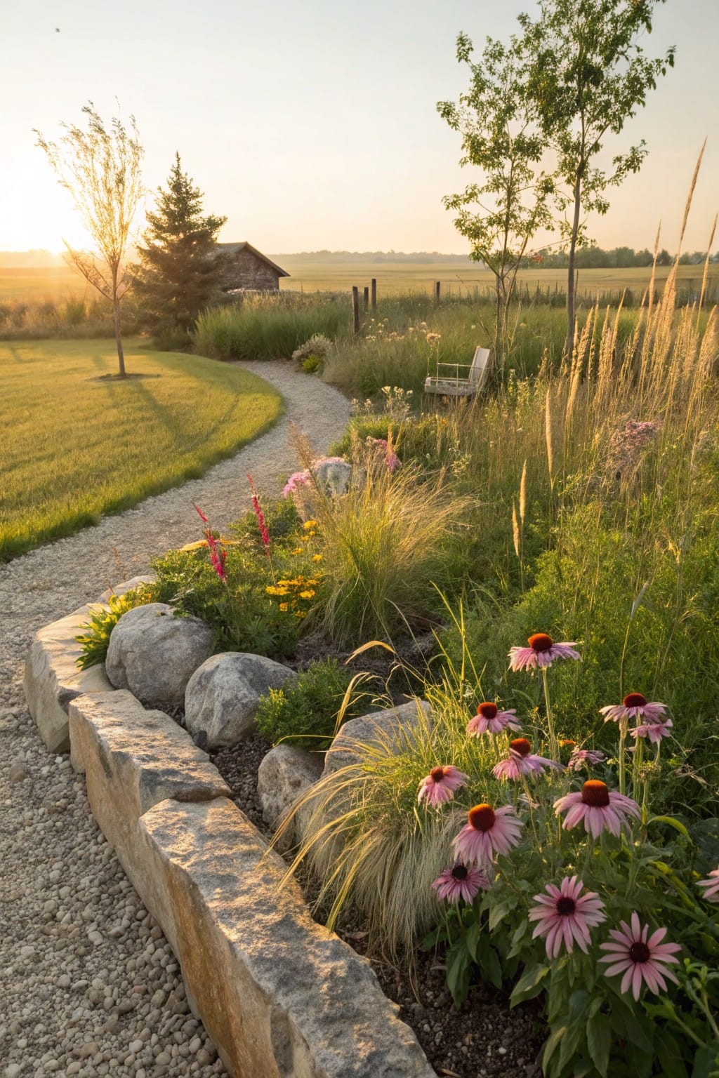 Curved gravel path edged by dry-stacked stone wall with large boulders retaining prairie plants including pink coneflowers, ornamental grasses, and shrubs, near a lawn and distant barn at sunset.
