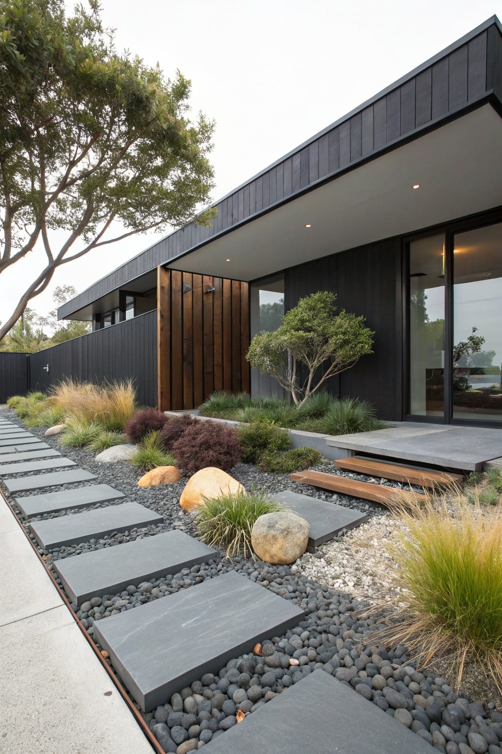 Modern house with black wood cladding and a pathway of large irregular gray slate stepping stones set into black pebble mulch, accented by boulders and grasses leading to a wooden entry deck.
