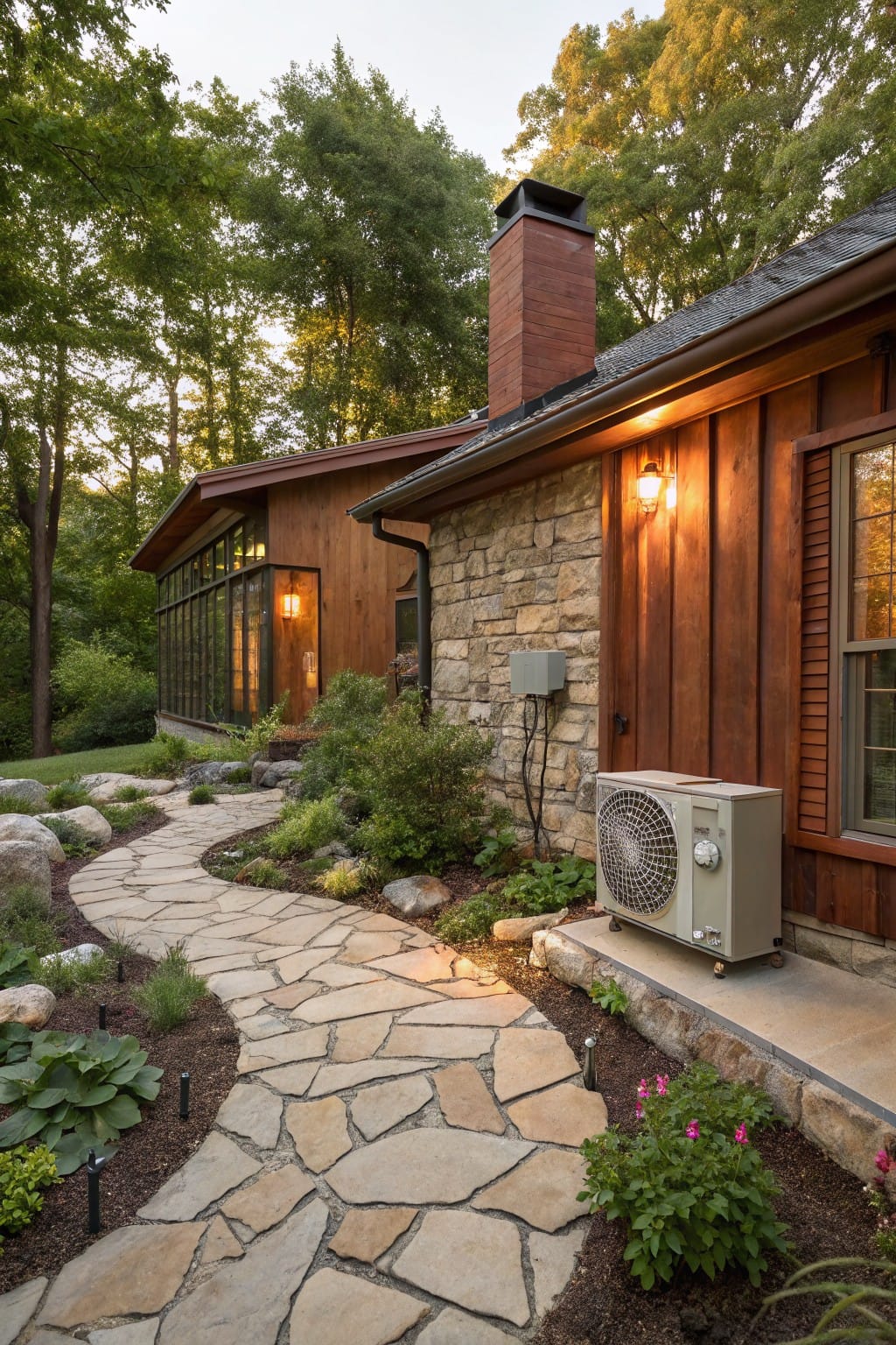Cedar-sided house with stone foundation and brick chimney, featuring a mini-split AC unit surrounded by boulders, mulch, low plants, and a flagstone path leading through a wooded yard at dusk.
