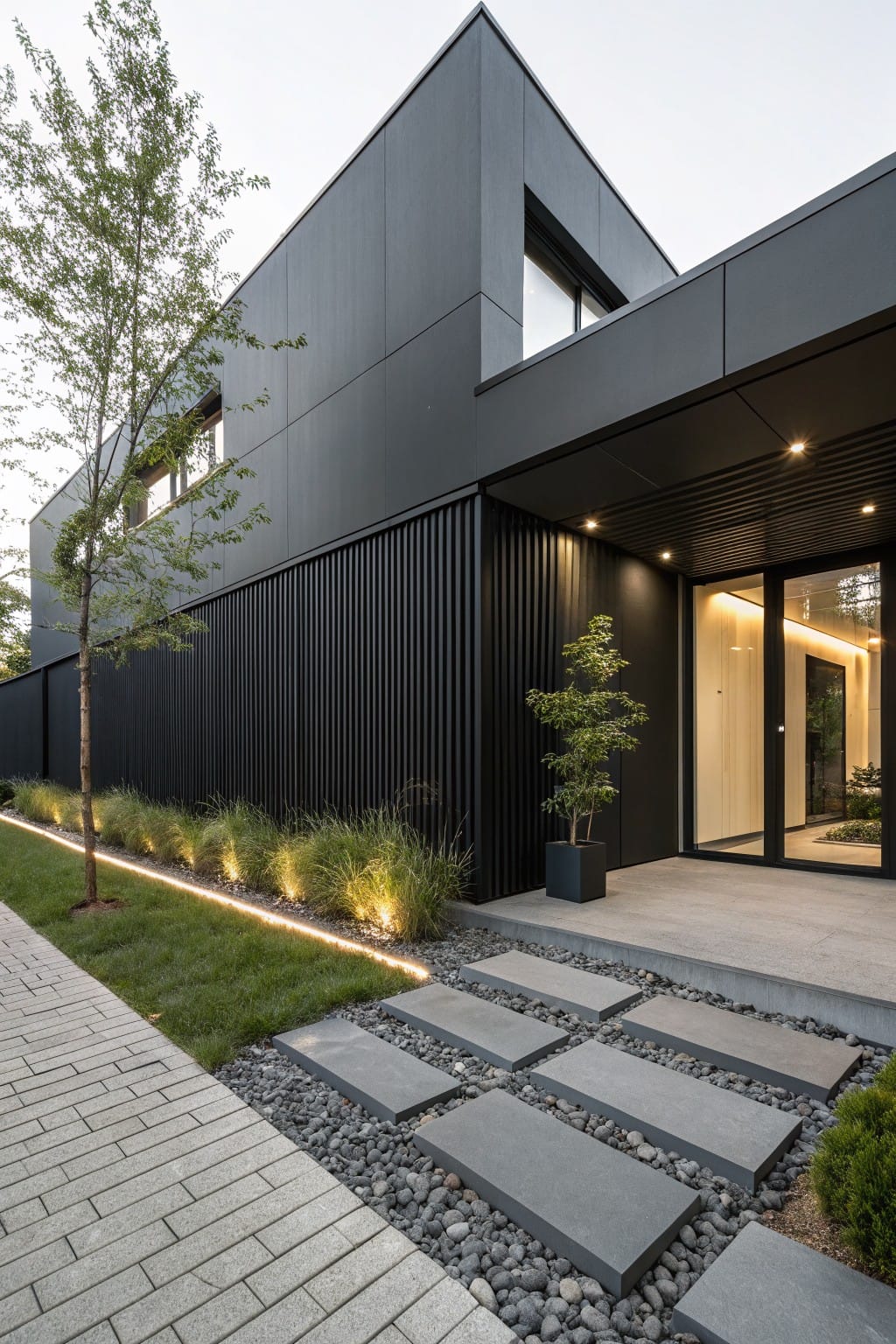 Modern black-clad house exterior showing an entry path of large rectangular gray stone slabs set into a bed of small pebbles and gravel, bordered by tall ornamental grasses with edge lighting, adjacent to a paved walkway and lawn.