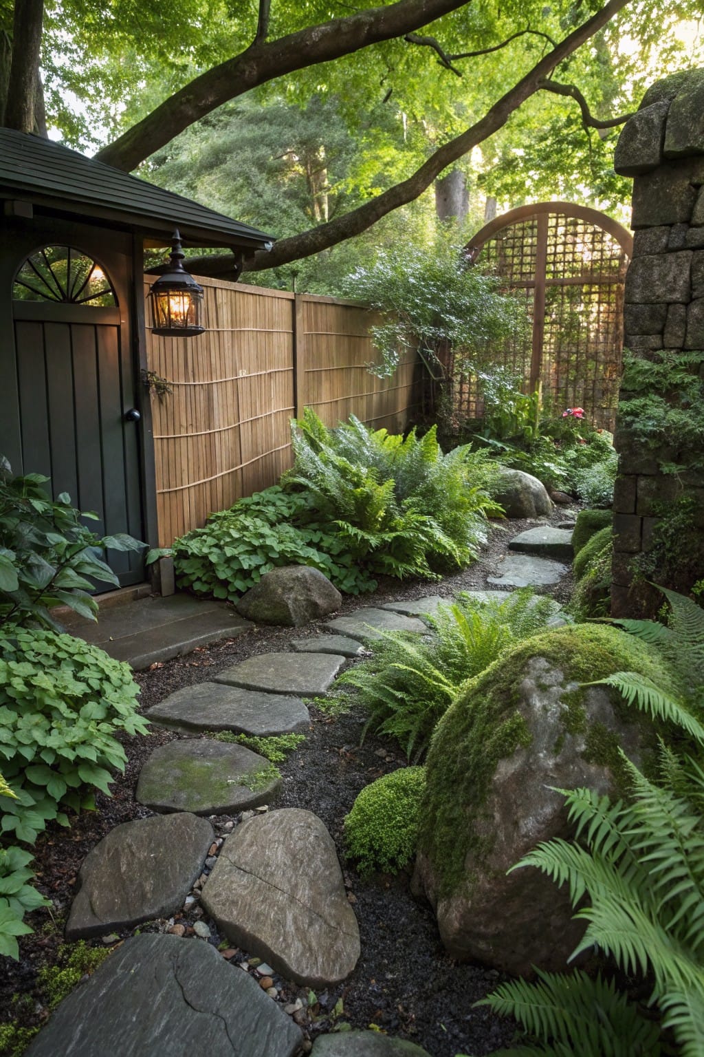 Irregular flat stepping stones in gravel path winding past large moss-covered boulders and dense green ferns beside a dark wooden shed and bamboo fence in a shaded garden.