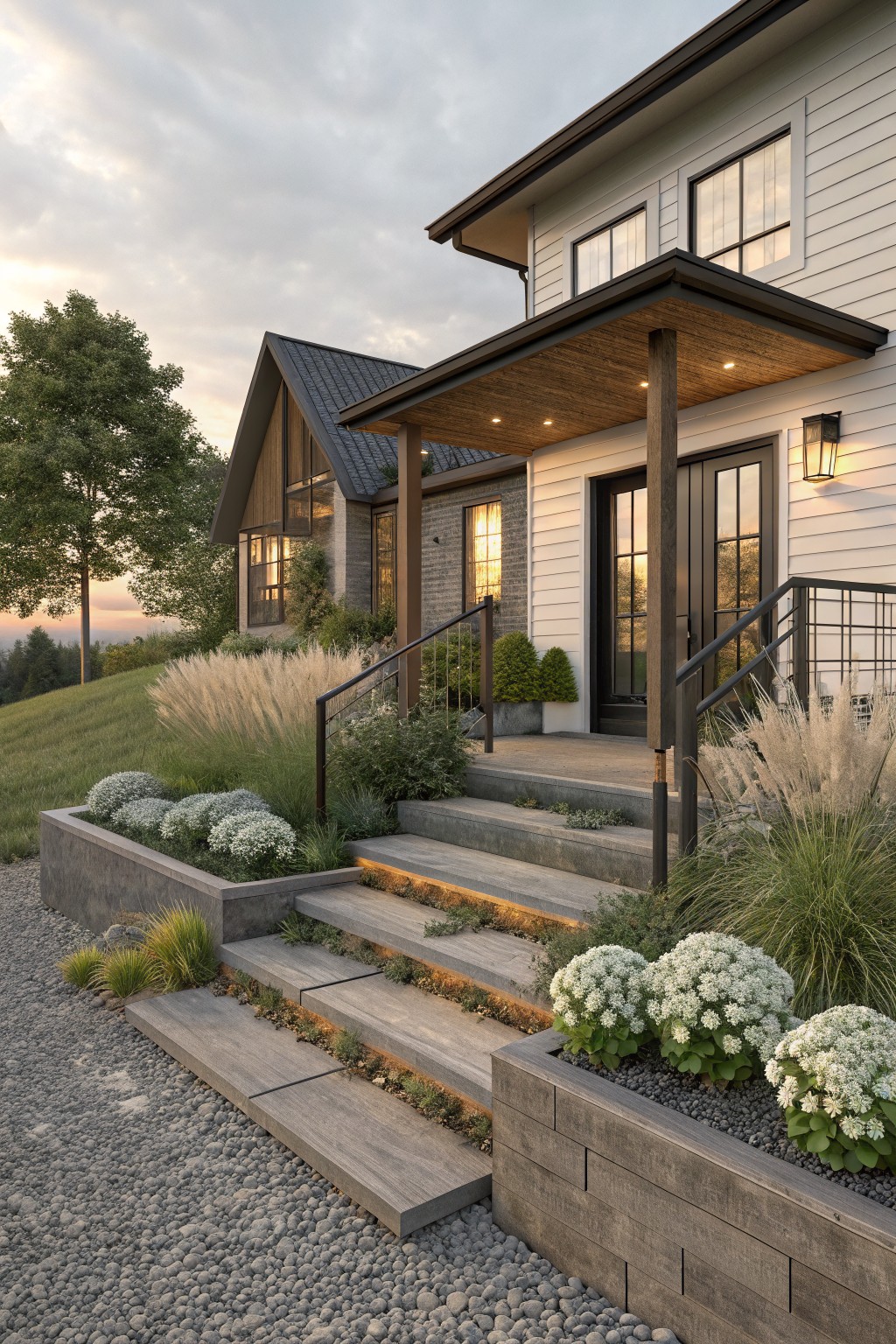 White clapboard house with black double doors under a covered porch, accessed by wide wooden steps with metal railings, flanked by concrete raised planters filled with ornamental grasses and white-flowering plants, gravel ground cover, and a nearby wooden garage structure at sunset.