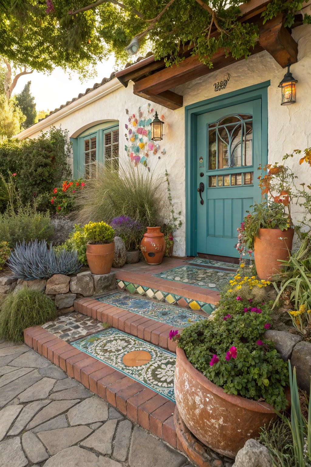 White stucco house with turquoise paneled front door, wooden beam overhang, and lantern lights, featuring red brick steps with colorful patterned ceramic tiles leading to the entrance, surrounded by terracotta pots and various drought-tolerant plants and flowers.