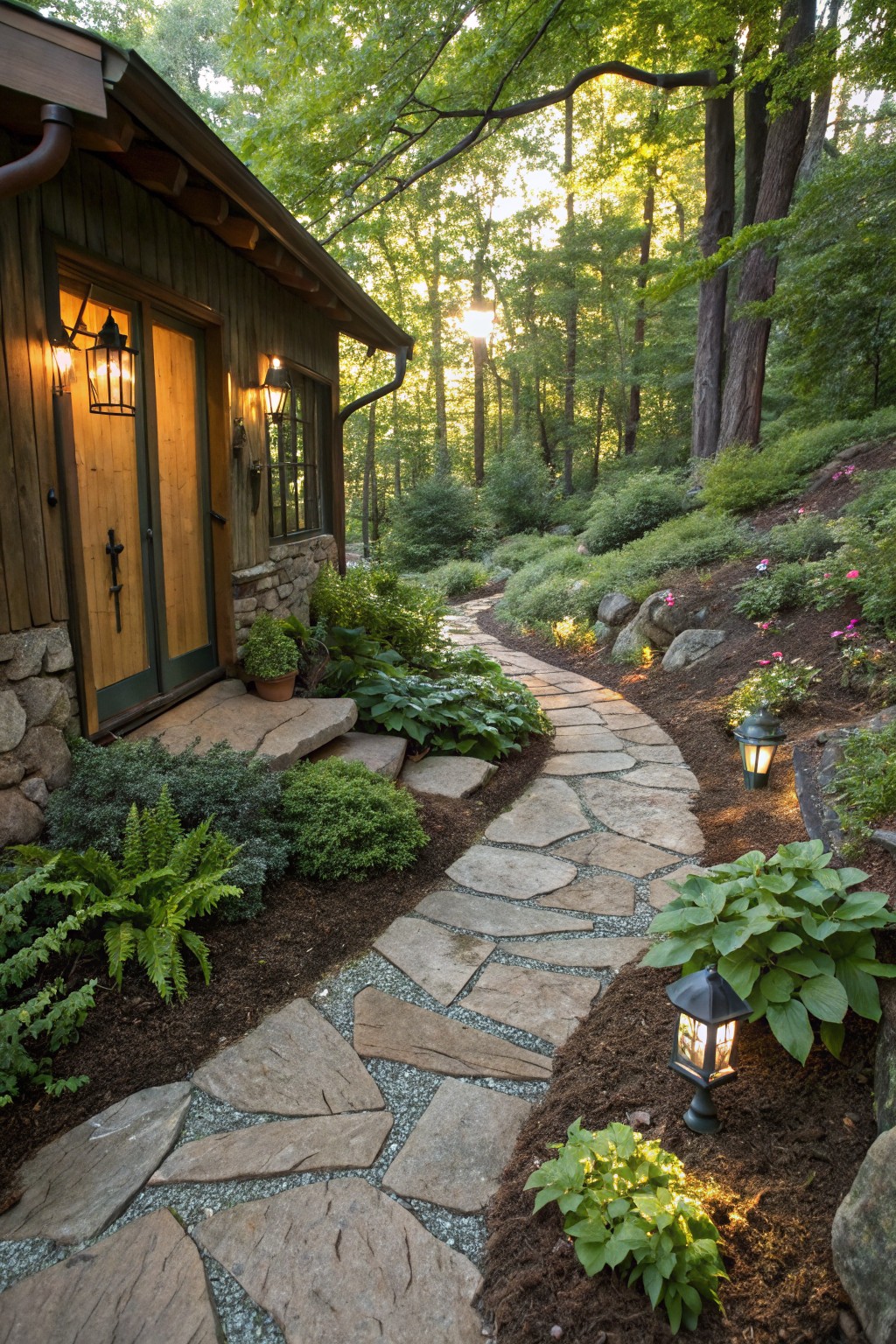 Wooden cabin with double paneled doors and lanterns beside a curved flagstone pathway edged by ferns, hostas, shrubs, rocks, and flower beds on a wooded hillside.