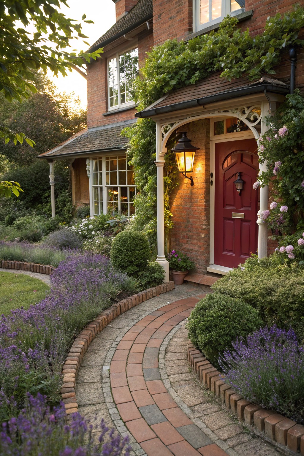 Red front door on a brick house with white porch, curved brick pathway edged by lavender plants and shrubs, lit by lanterns, surrounded by climbing vines and flower beds.