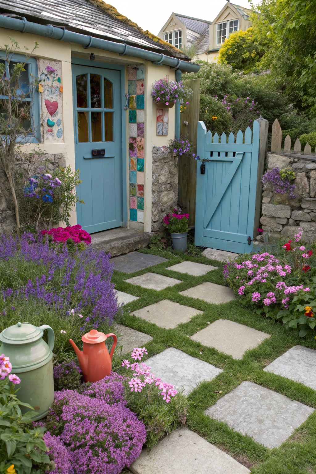 A turquoise wooden door on a colorful tiled cottage with a blue picket gate, flanked by lush purple and pink flower beds along a gray stone paver path set in grass, with green and orange teapots nearby.