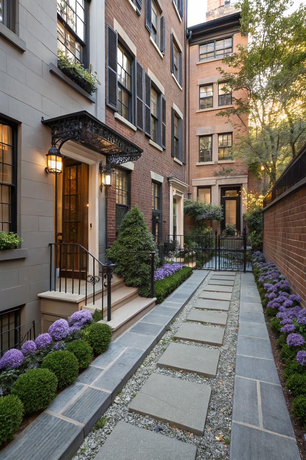 Narrow gray stone paver walkway set in gravel, bordered by purple flowering plants and spherical boxwood shrubs, leading to steps and a door on a gray and brick townhouse with black iron railing.