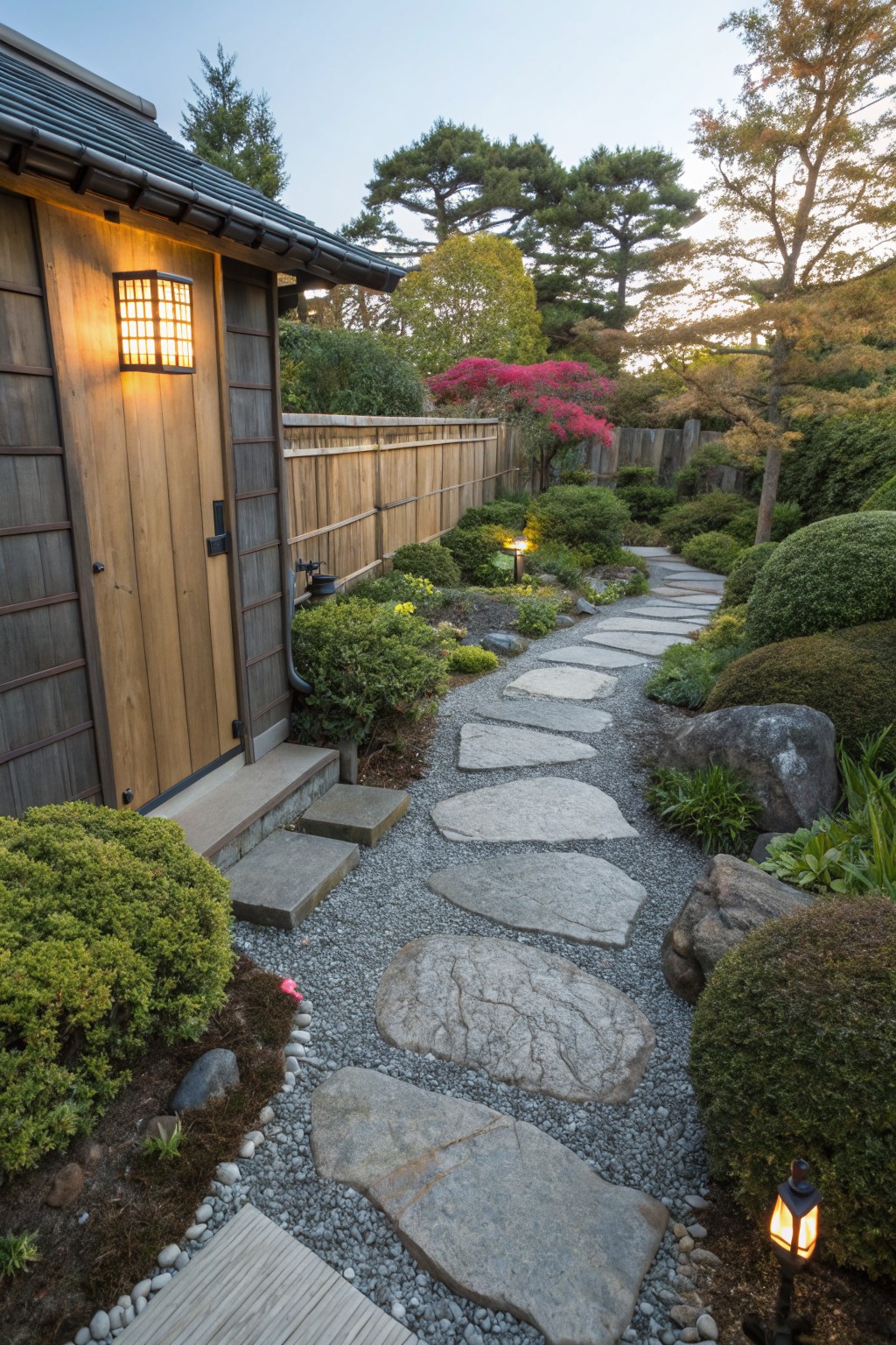Wooden garden building with sliding door and lantern light beside a meandering path of irregular flat stones set in gravel, bordered by shrubs, rocks, and plants with trees and fence in background at dusk.