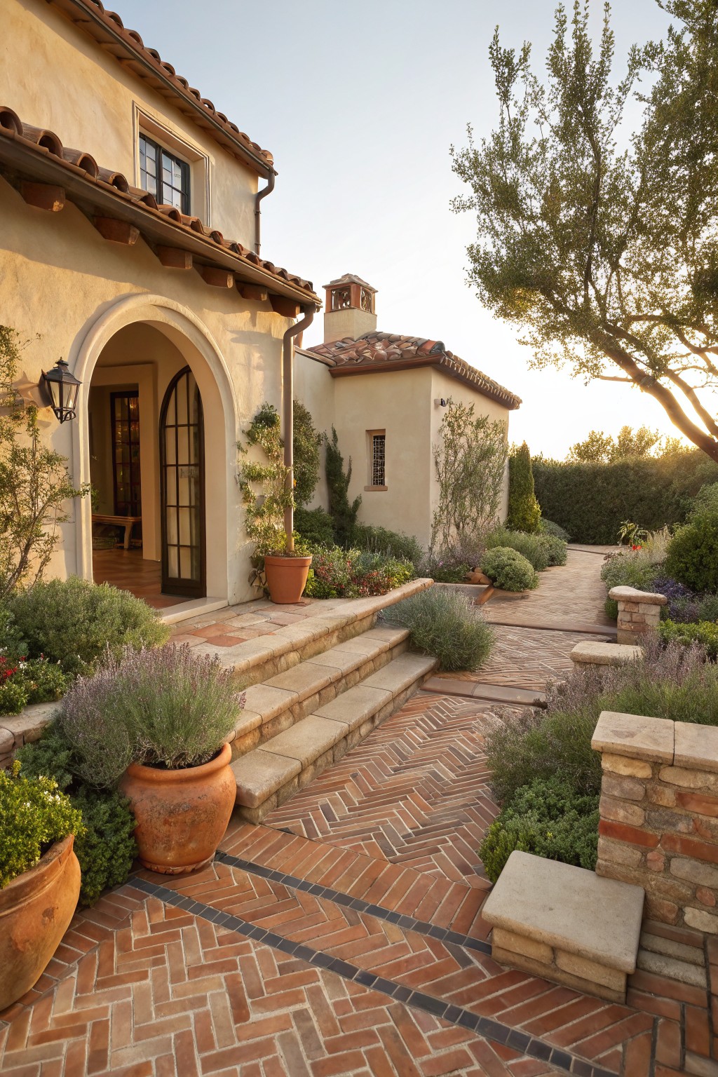 Stucco house exterior with terracotta roof and arched wooden door, stone steps leading to a herringbone-patterned brick pathway edged by flower beds with lavender plants, shrubs, and large terracotta pots.