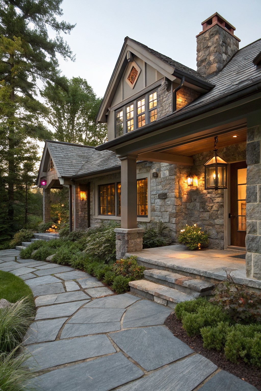 Curved gray flagstone walkway bordered by shrubs and plants leading to stone steps and a covered porch on a fieldstone house exterior surrounded by trees.