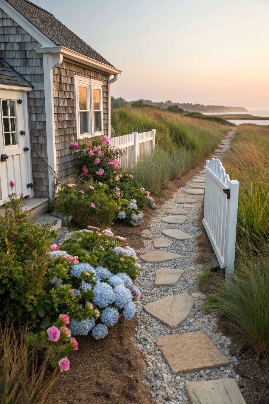 Gray shingled cottage with white door and windows, pink rose bushes and blue hydrangeas flanking an irregular stone stepping path in gravel, white picket fence gate, tall grasses, leading toward ocean dunes at sunset.