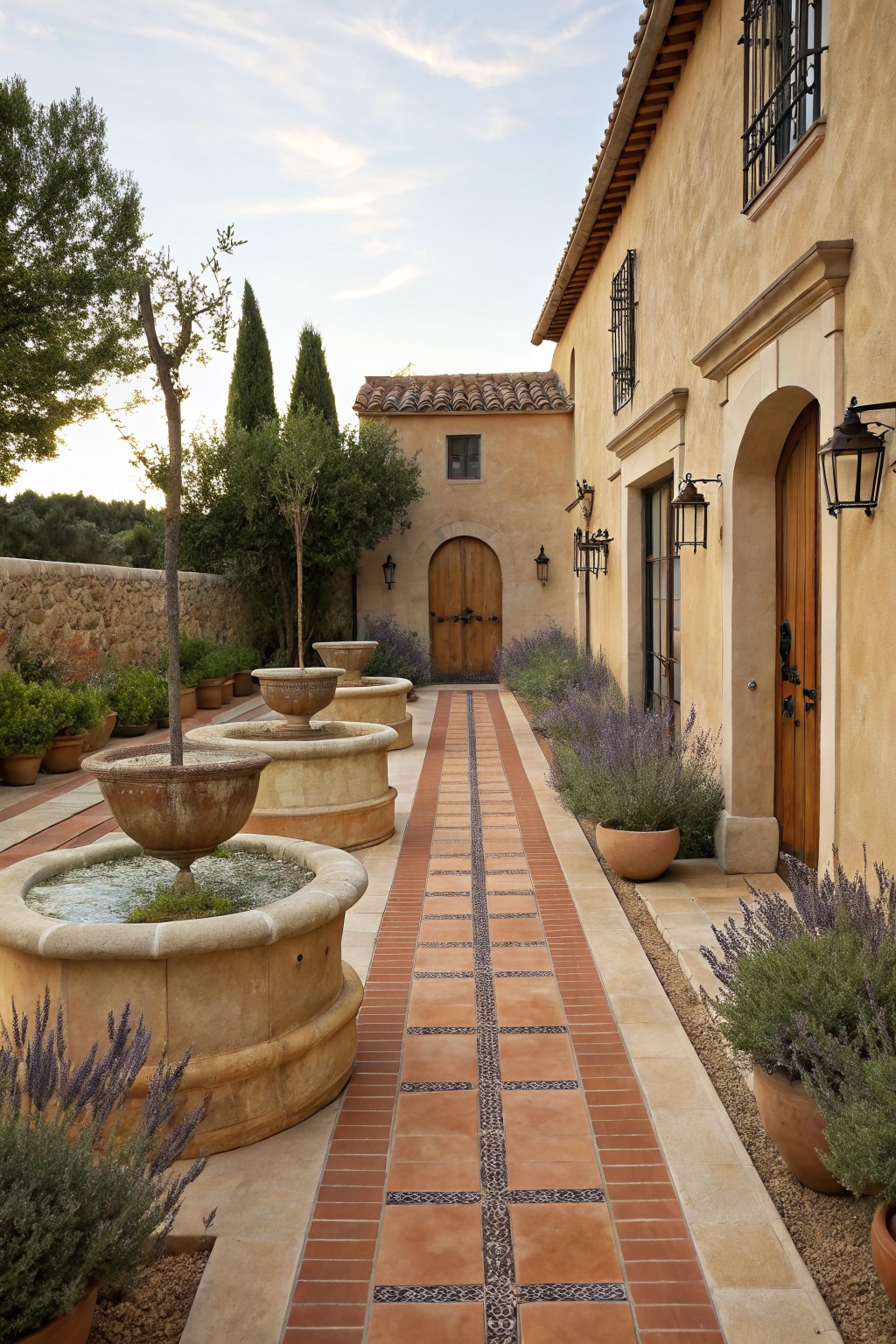Terracotta brick pathway with grid-pattern inserts, lined by lavender plants and circular stone fountains, leading to wooden doors on a beige stucco house in a walled garden with olive trees.