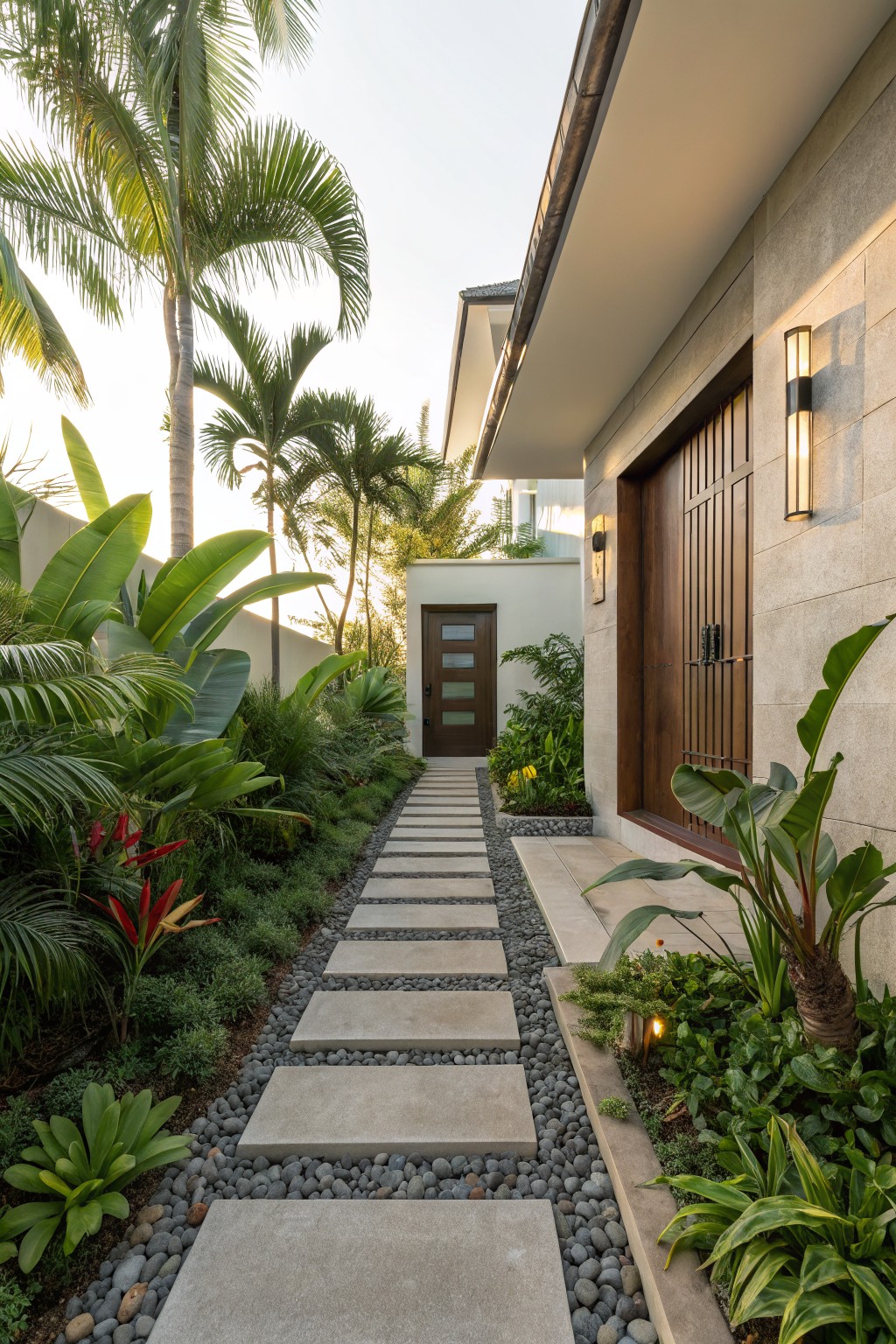 A straight pathway of rectangular gray concrete pavers set into black pebble borders, flanked by lush tropical plants including palms, ferns, and red flowers, leading to a beige stucco house with wooden entry doors and wall lights.
