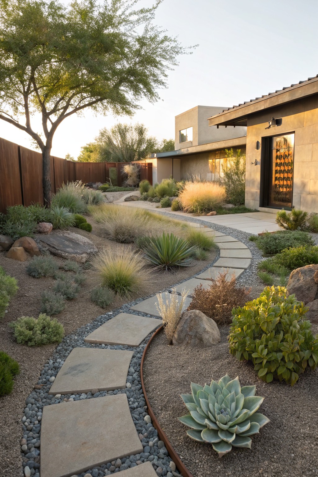 Curved walkway of large rectangular stone pavers edged with gravel winds through desert landscaping featuring ornamental grasses, agave plants, succulents, shrubs, and boulders, approaching a modern beige stucco house entrance with wooden fence in the background.