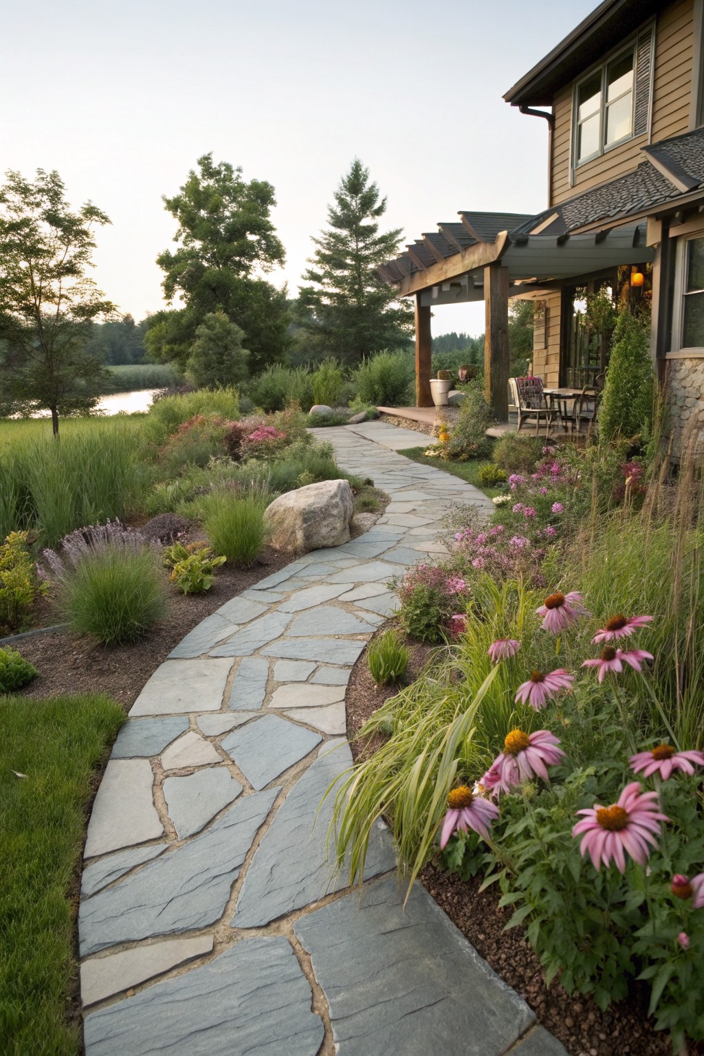 Curved gray flagstone pathway winding through landscaped beds of pink coneflowers, ornamental grasses, lavender, shrubs, and a large boulder, leading toward a house porch beside trees and a lake.