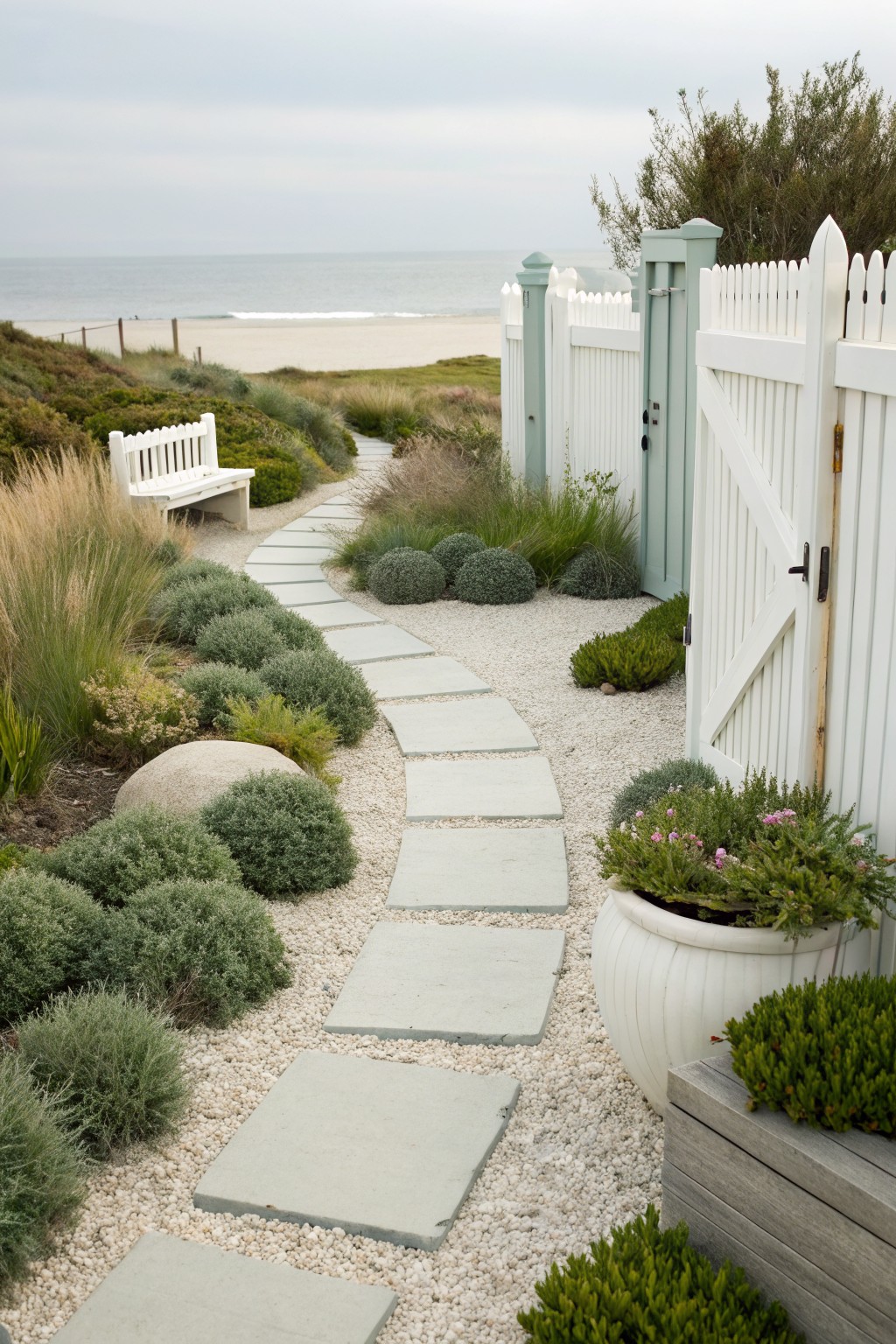 Winding gray stone paver pathway through white gravel garden bed with ornamental grasses, shrubs, succulents, and boulders, leading to open white picket fence gate with beach view beyond