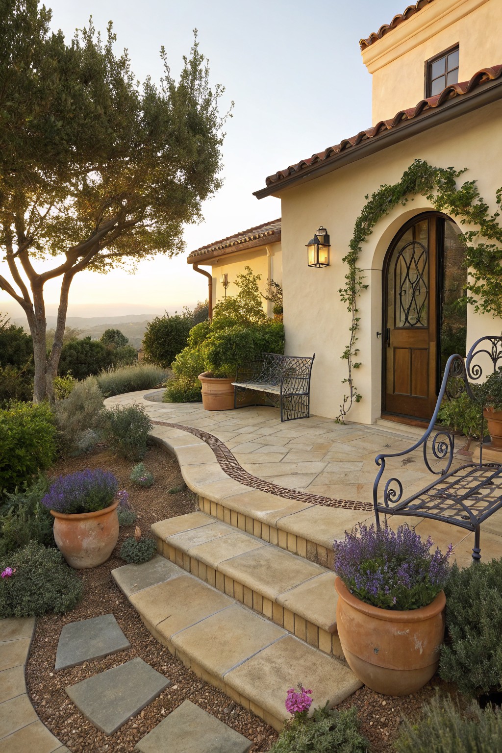 Curved beige stone pathway with terracotta inlay and edging flower beds containing lavender plants and terracotta pots, leading up steps to an arched wooden door on a beige stucco house exterior surrounded by olive trees and shrubs at sunset.
