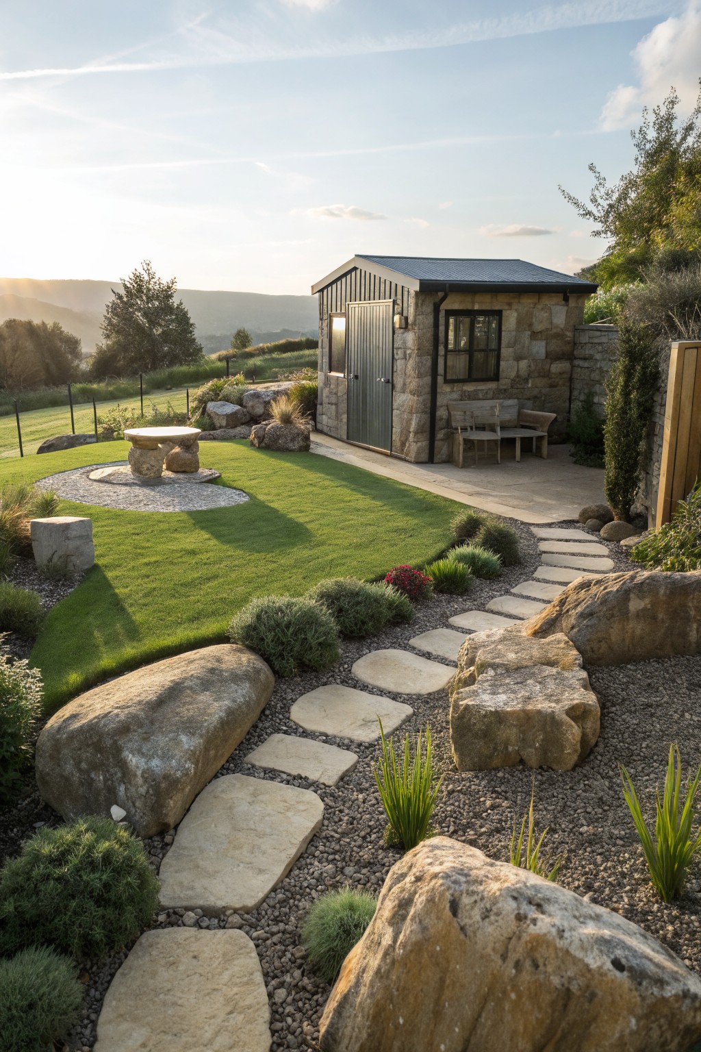 Backyard landscaping featuring a small stone and metal garden shed, large boulders, a meandering stepping stone path through gravel and plants, a round stone table on grass, and wooden bench nearby with hills in the background at sunset.