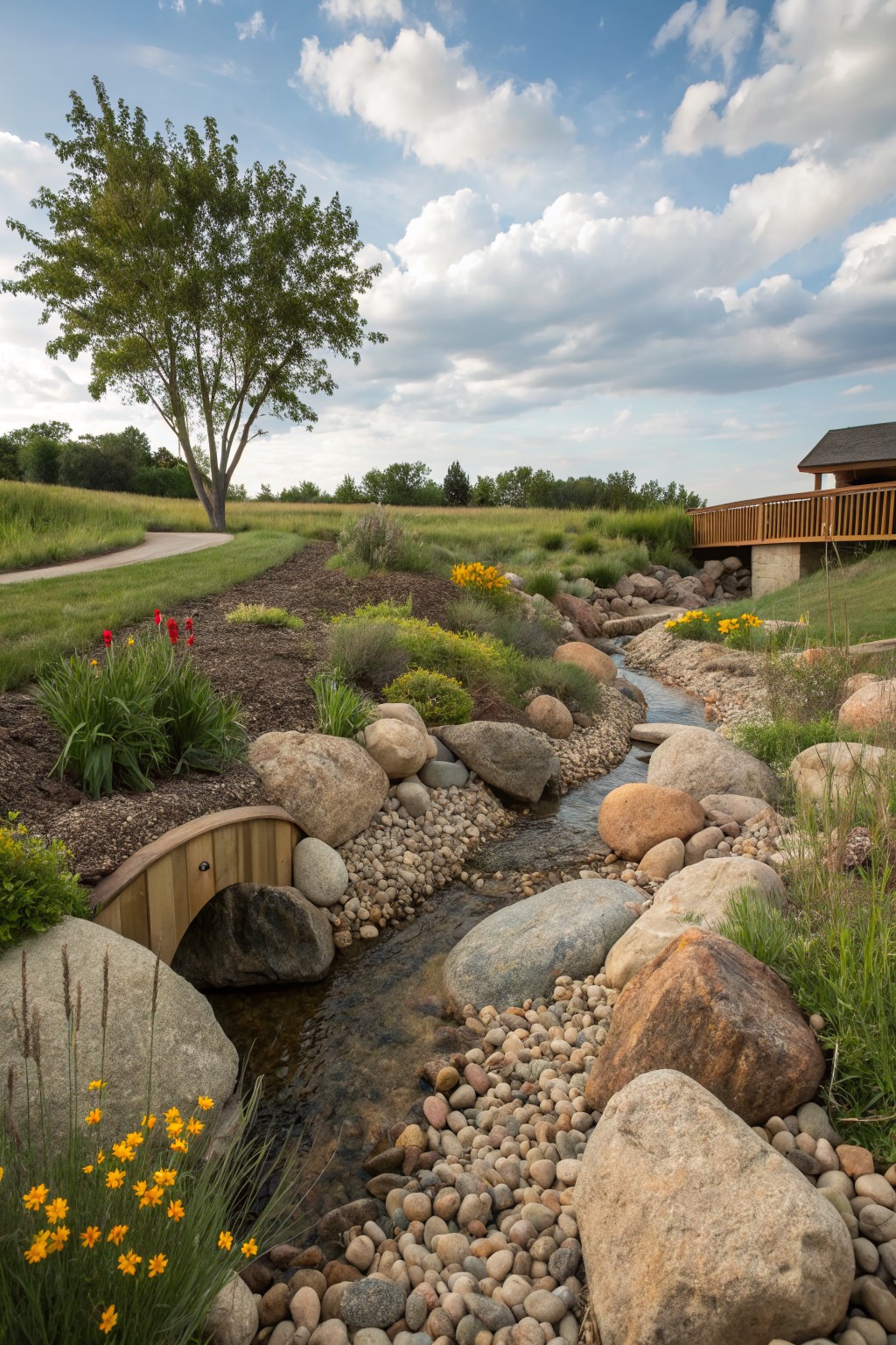 Winding stream bed lined with large boulders and gravel, surrounded by grasses, wildflowers, and shrubs, crossed by a wooden bridge on a landscaped hillside with a path and cabin in the background.