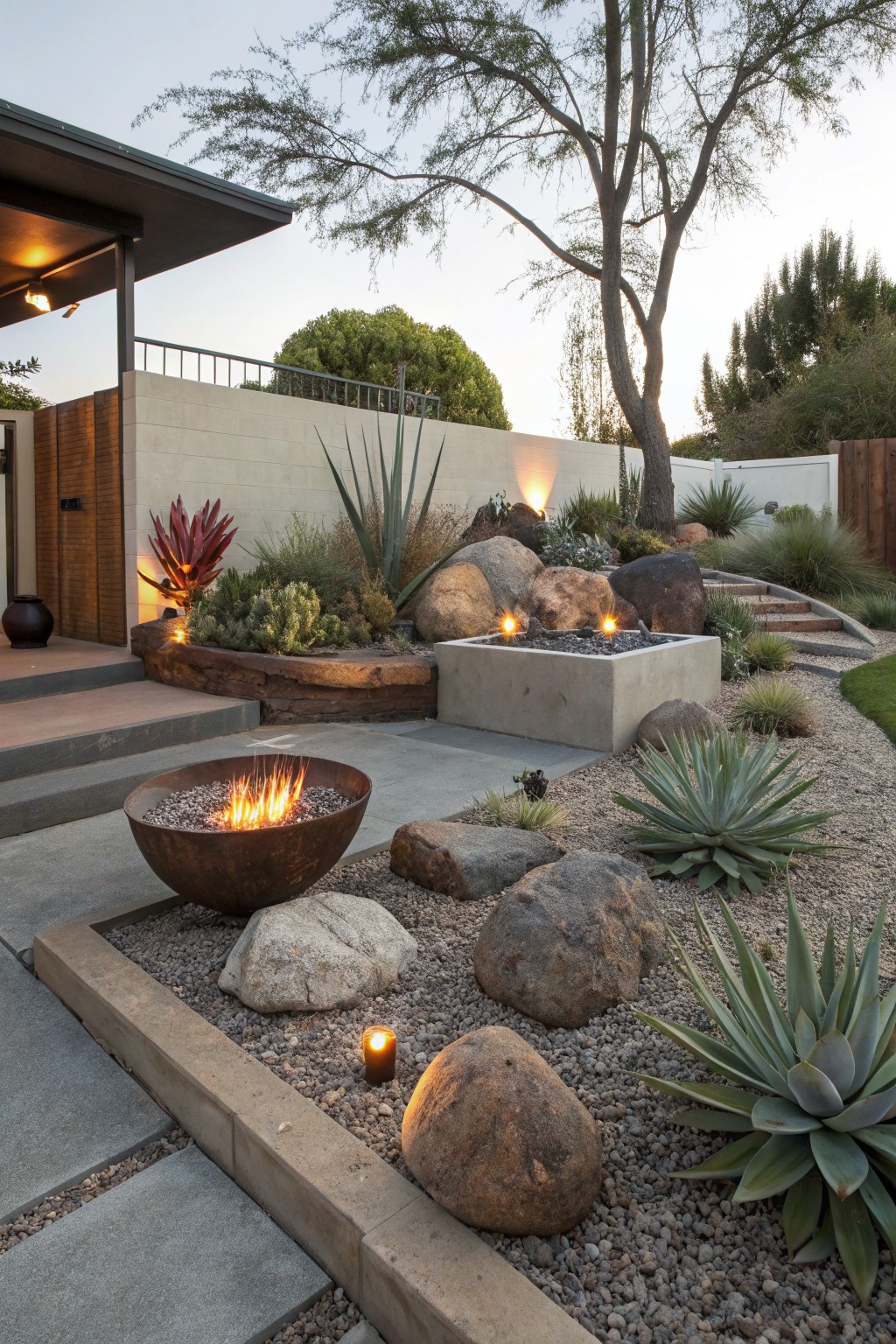 Contemporary home entryway with rock garden of large boulders, gravel mulch, agave and succulent plants, linear concrete fire pit, bowl fire pit, stone steps, and concrete edging.