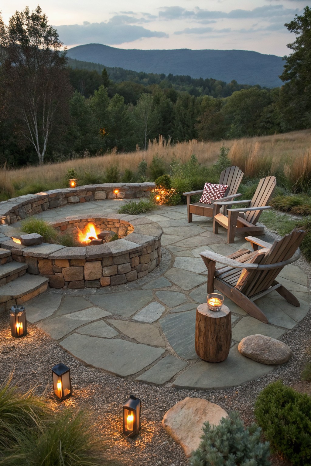Circular stone fire pit with built-in low wall on flagstone patio surrounded by Adirondack chairs, lanterns, plants, and gravel in a wooded backyard at dusk.