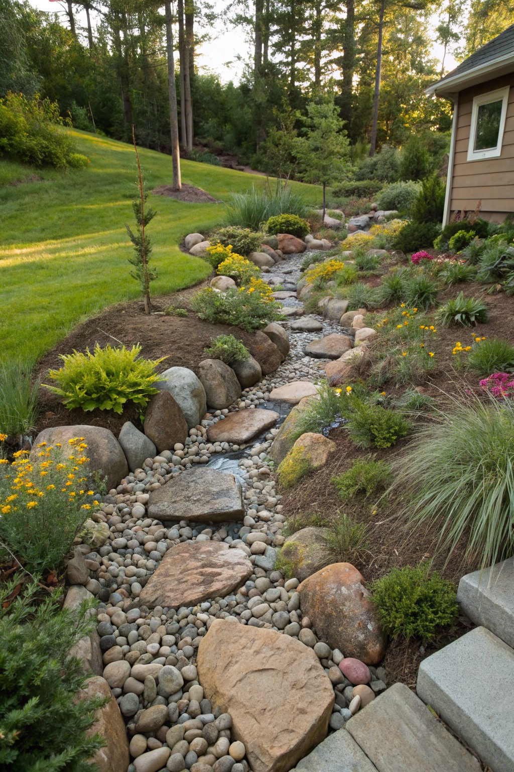 Sloped backyard landscaping featuring a dry creek bed lined with large boulders, pebbles, and flat stones, bordered by various plants, grasses, and flowers, leading to a beige house with stone steps.