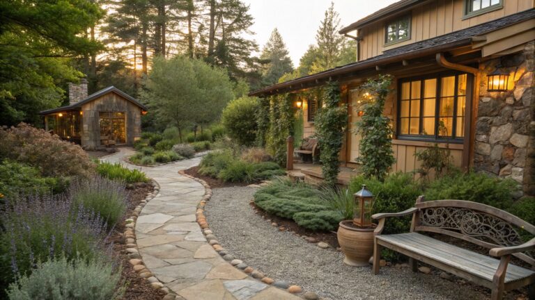 A curved stepping stone path edged with pebbles and rocks winds through a garden of shrubs and plants toward a wooden cabin porch with a bench, under tall trees at sunset.