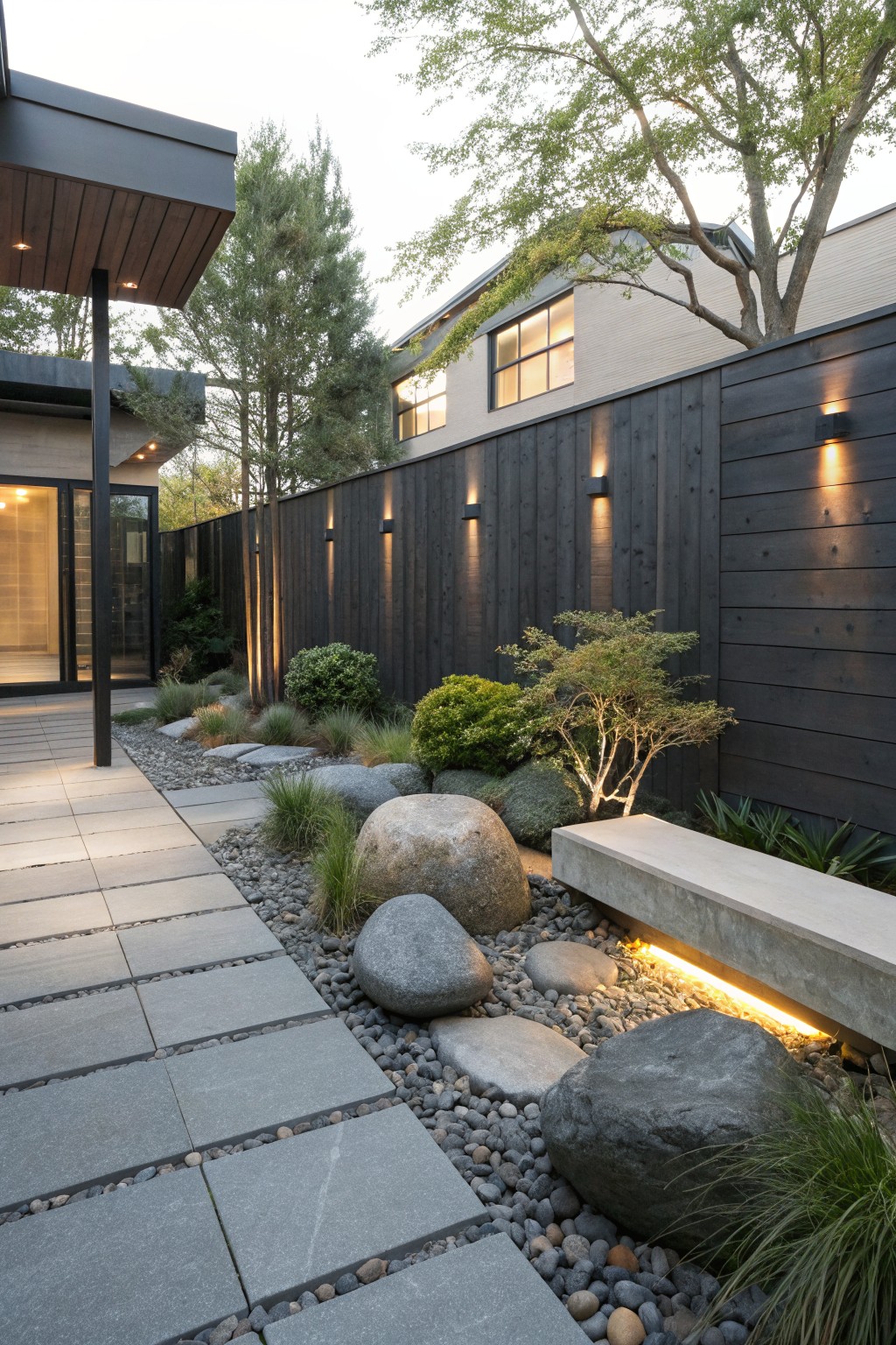 A backyard pathway of gray concrete pavers set in gravel with large gray boulders, ornamental grasses, small shrubs, and a concrete bench against a dark vertical wood fence and modern house exterior.