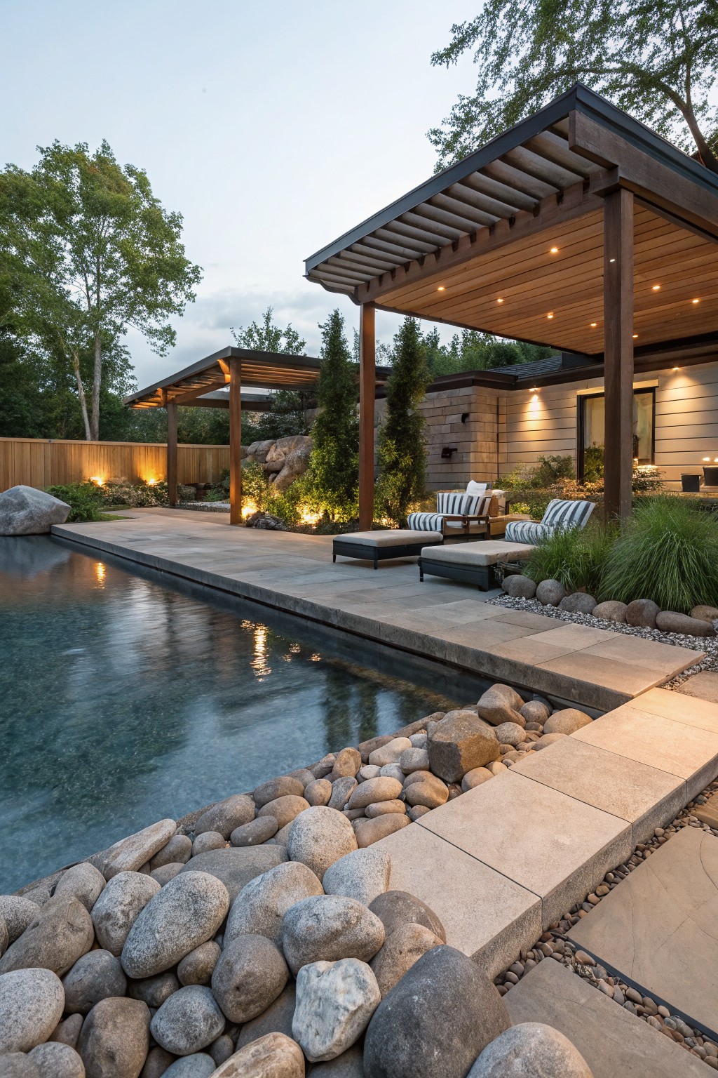 Backyard infinity pool edged with large gray boulders and river rocks along a stone deck, wooden pergola with lounge chairs, plants, and house exterior at dusk.
