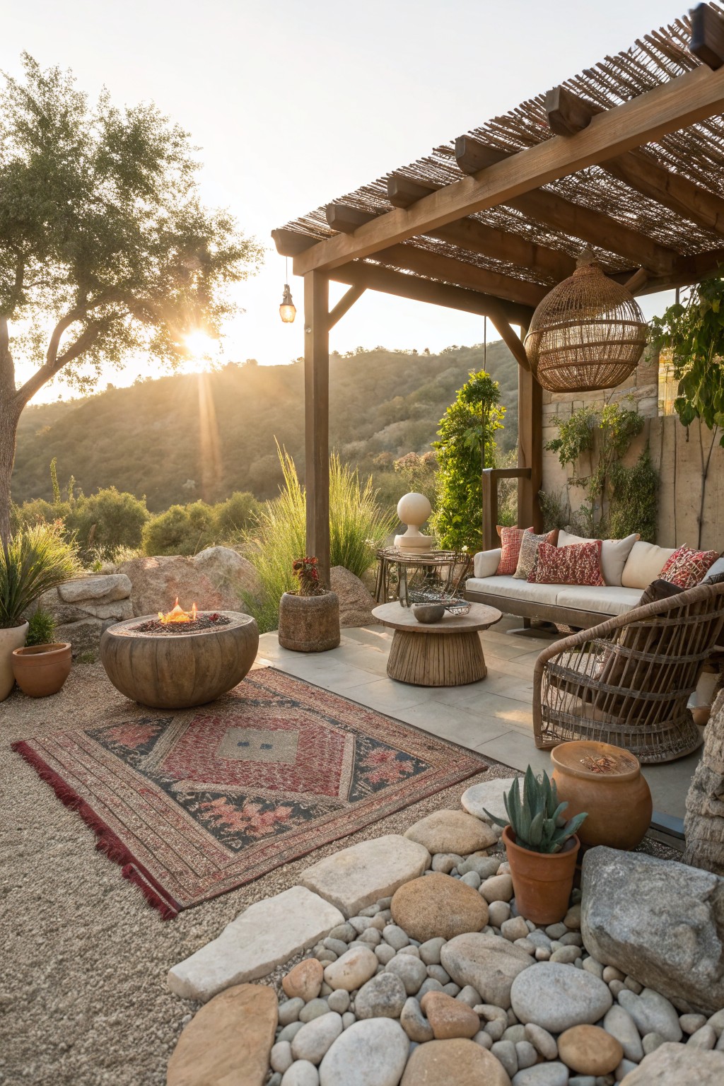 Outdoor patio under wooden pergola with beige sofa, rattan chairs, terracotta pots, stone fire pit, red and black rug on gravel with embedded river rocks and stone borders, surrounded by agave plants and hillside vegetation at sunset.