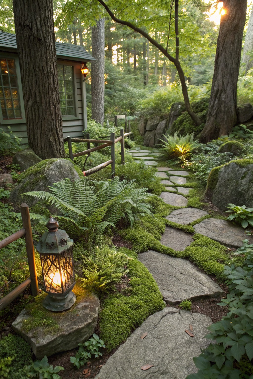 Winding path of irregular flat stone slabs set into moss-covered ground with ferns, boulders, and plants along a wooden fence, a lit lantern on a mossy rock, and a small shingled cabin in a forested setting at sunset.
