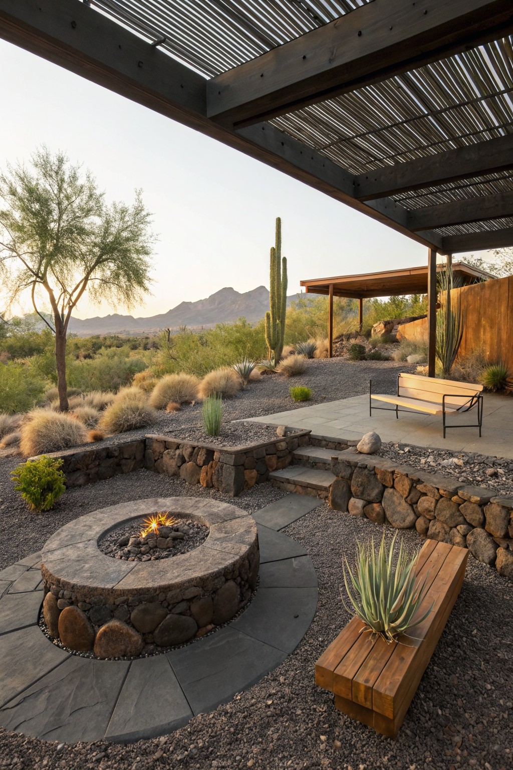 Desert backyard patio with circular stacked-stone fire pit, dark paver surround, gravel ground cover, wooden benches, stone retaining walls, agave plants, and distant mountains under a slatted wooden pergola.