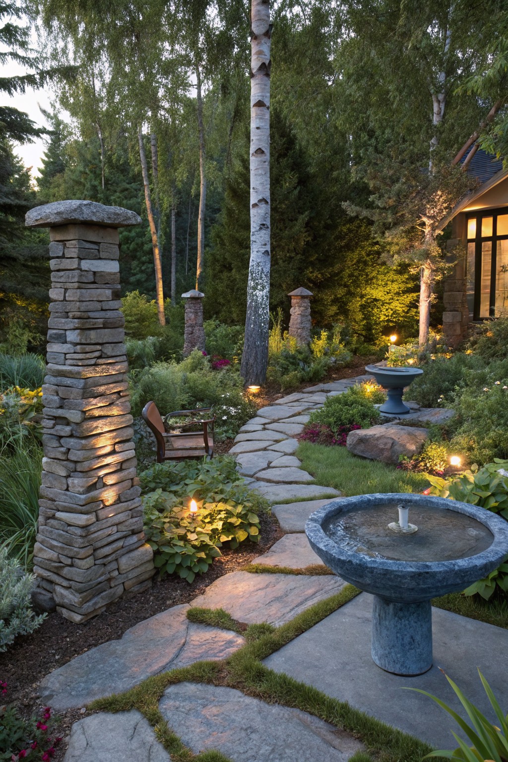 Backyard garden path of irregular flagstone flanked by tall stacked stone pillars with integrated low lighting, a blue ceramic birdbath fountain, surrounding plants and trees, and a house in the background.