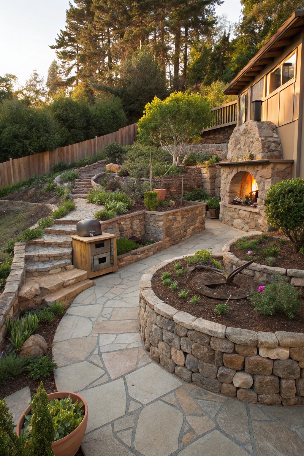 Sloped backyard with terraced stone retaining walls, flagstone paths and steps, curved garden beds with plants, a built-in grill on a wooden base, and an arched stone outdoor fireplace.