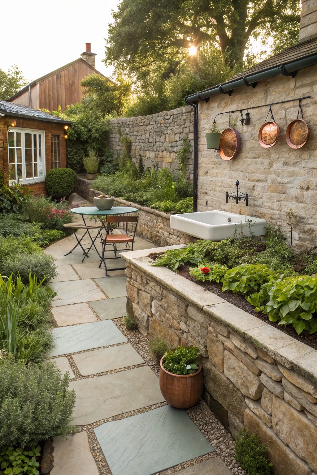 Stone retaining wall with embedded white porcelain sink, hanging copper pots, and adjacent raised planting beds of herbs and greens beside a slate path and small metal table with chairs in a garden courtyard.