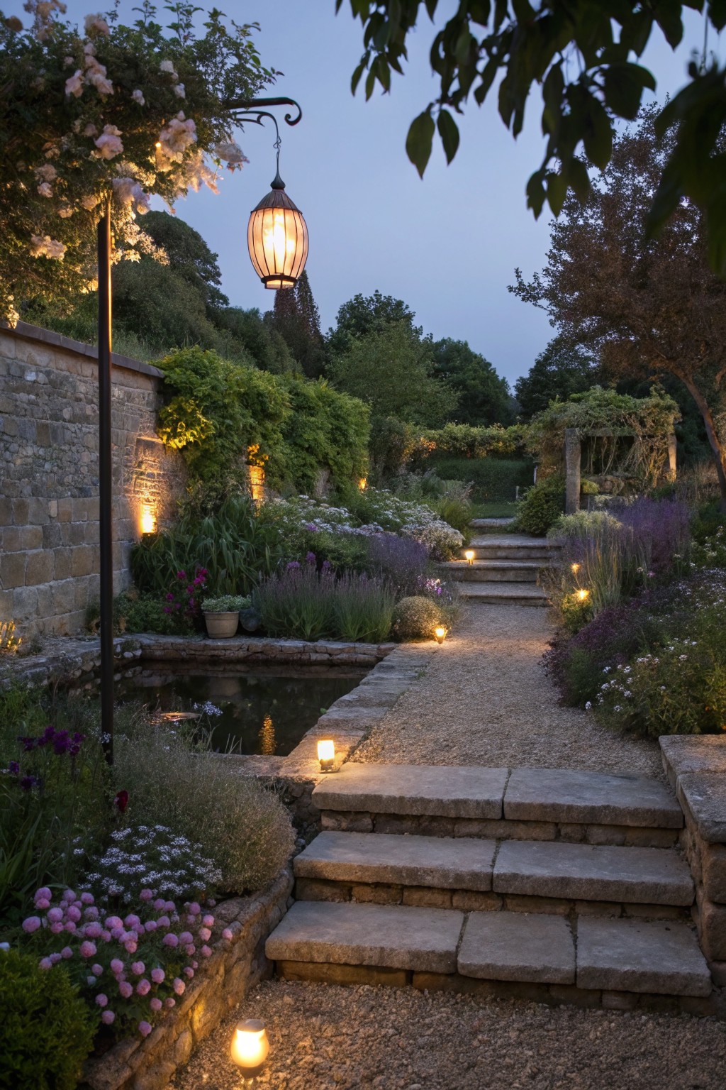 Garden path at dusk with gravel surface, stone retaining walls and steps, various plants and flowers, small pond, and lantern lights.