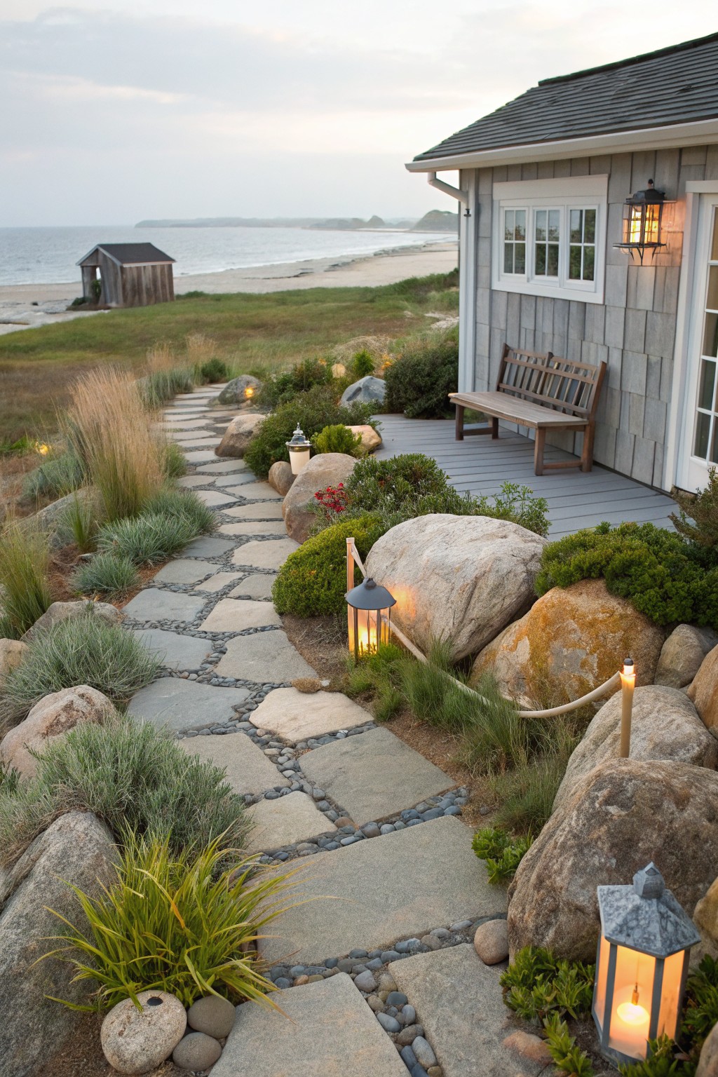 Winding flagstone pathway edged with large boulders, ornamental grasses, shrubs, and lanterns leads across a grassy dune area toward a gray shingled house with a bench and deck by the ocean.