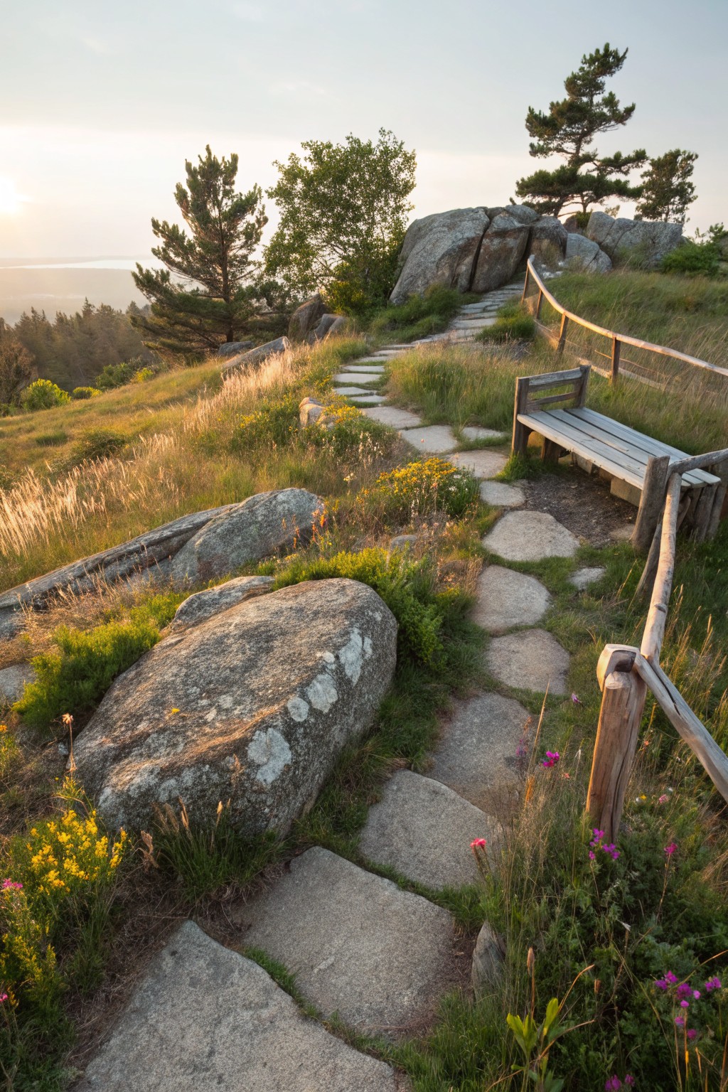 A winding path of flat stone steps leads up a grassy, rocky hillside lined with wildflowers, boulders, a wooden bench, and a split-rail fence, overlooking trees and a distant bay at sunset.
