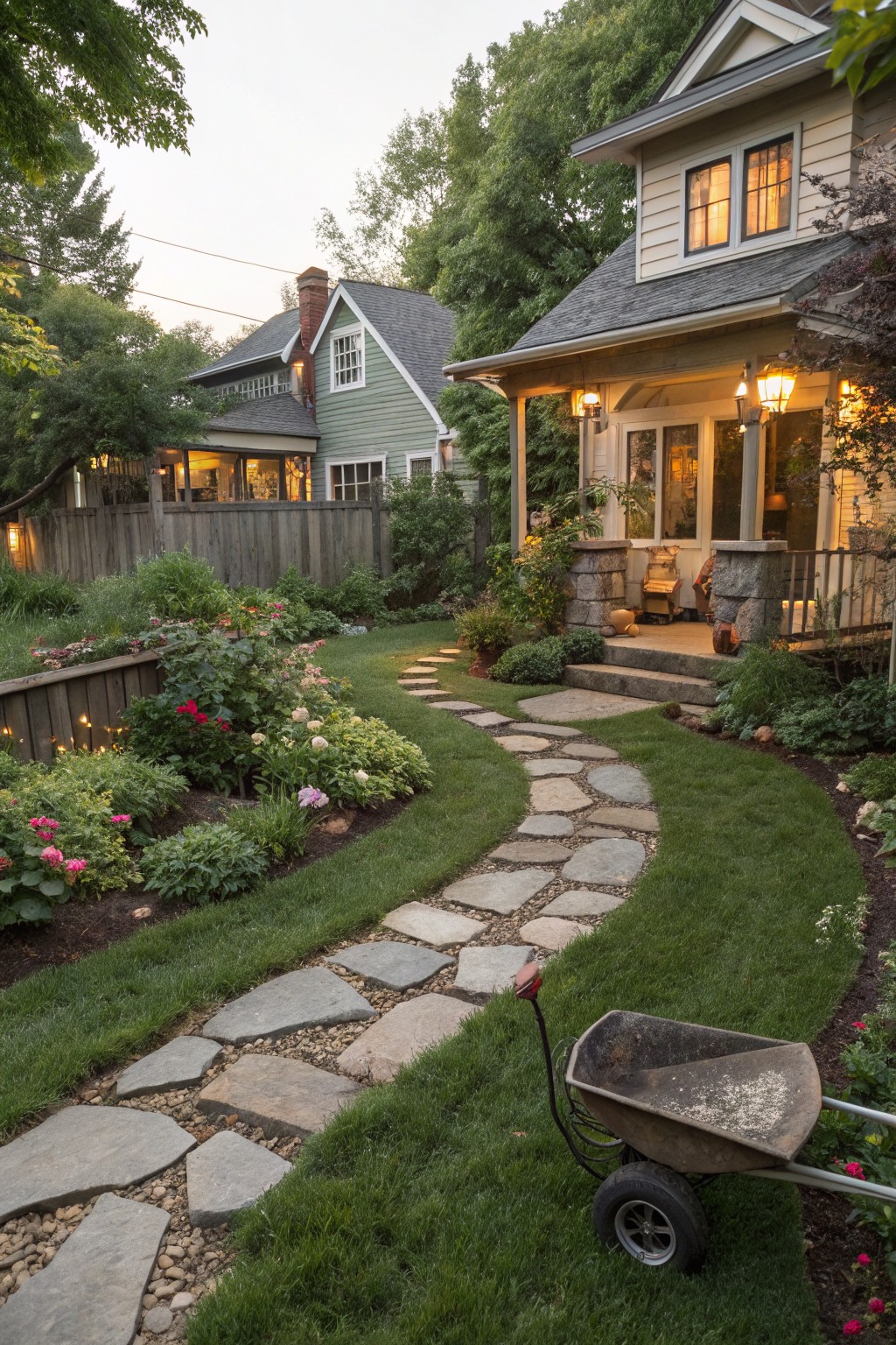 A curved flagstone path winds through grass and garden beds filled with flowers and plants, leading to a porch on a house, with a wheelbarrow parked nearby.