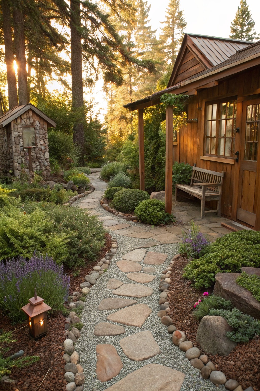 A curved stepping stone path edged with pebbles and rocks winds through a garden of shrubs and plants toward a wooden cabin porch with a bench, under tall trees at sunset.