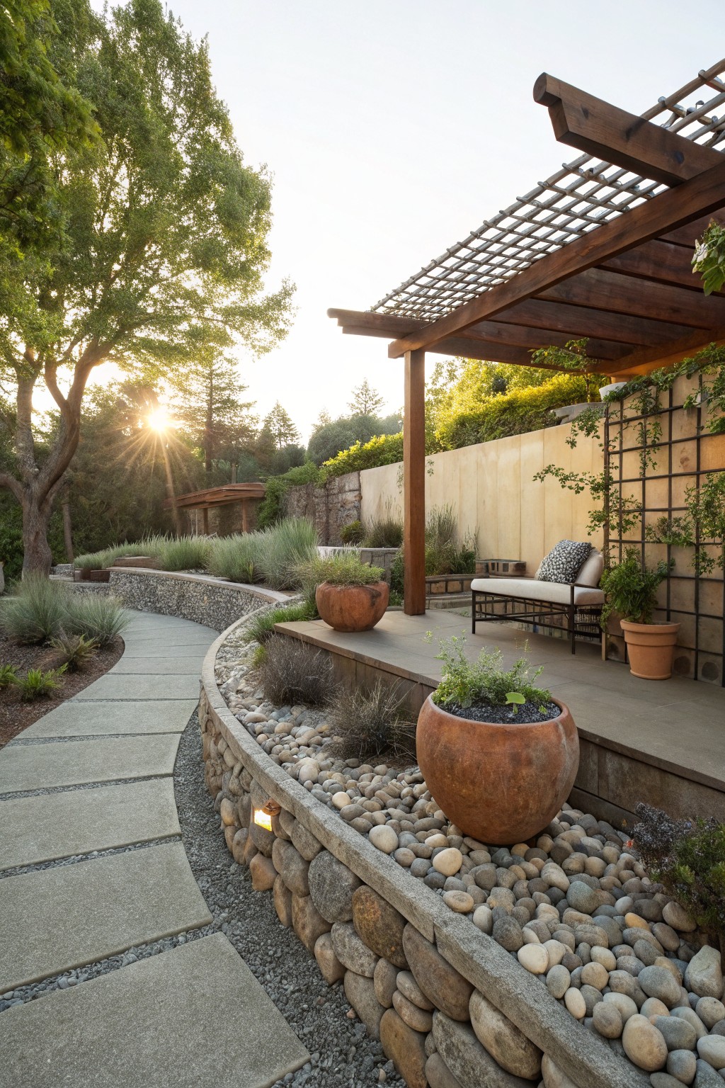 Curved concrete pathway edged by dry-stacked stone retaining walls filled with small pebbles, lined with low grasses and agaves, leading uphill to a wooden pergola deck with lounge chair, potted plants, and terracotta pots.