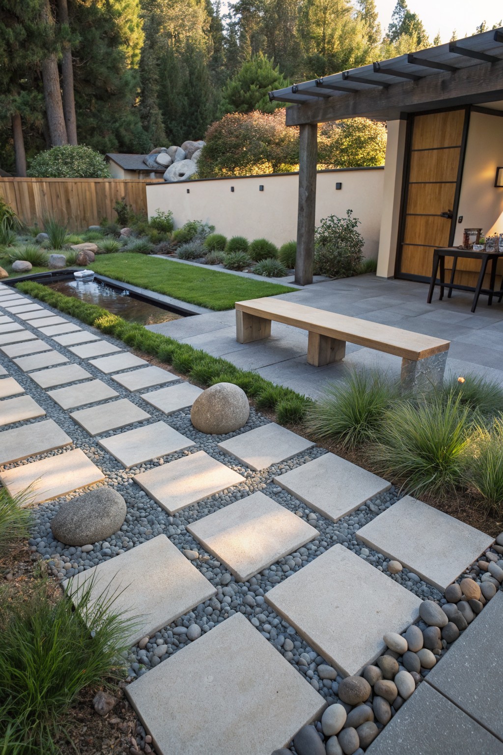 A backyard pathway of large square light gray concrete pavers set into gray pebble gravel, bordered by low green grasses and large round boulders, next to a narrow reflecting pool and wooden bench.