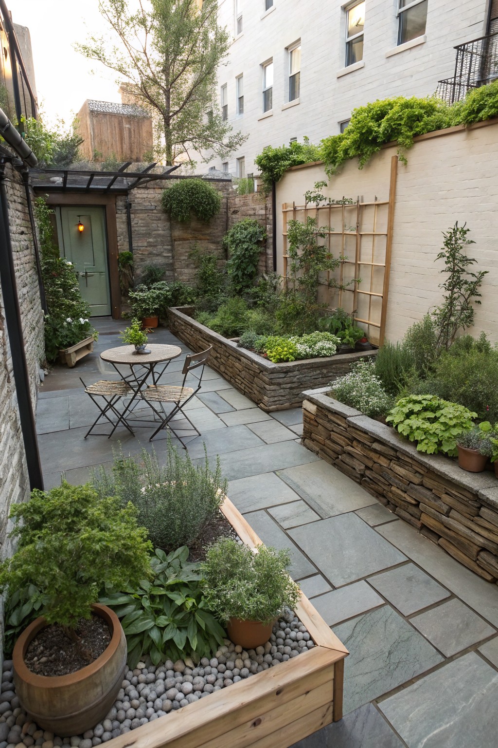 Small urban courtyard garden with raised beds of stacked stone filled with herbs and plants, pebble mulch in wooden planters, slate tile paving, and a rattan bistro table with chairs.