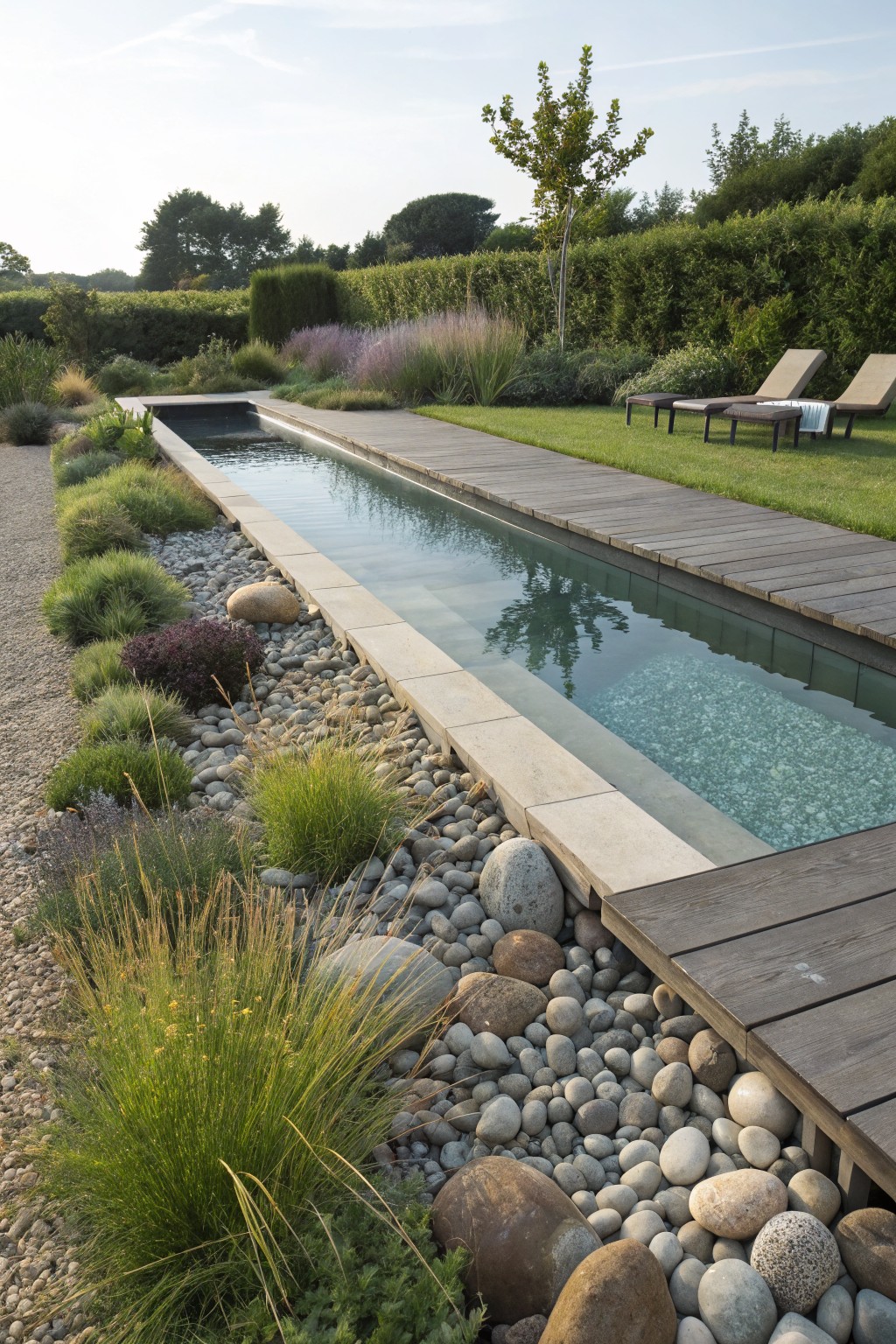 Narrow rectangular pool with clear turquoise water, bordered by gravel beds filled with smooth rounded rocks of various sizes and clumps of ornamental grasses, alongside a wooden boardwalk path in a landscaped garden.