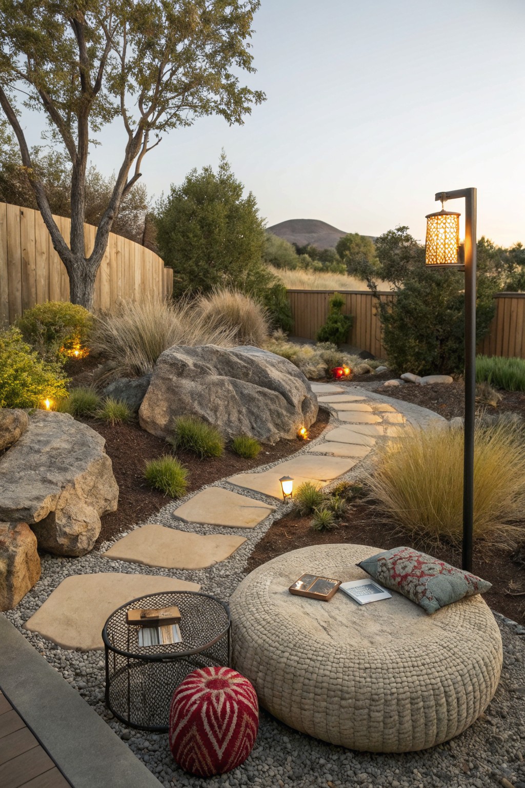 Outdoor backyard landscaping featuring large gray boulders, a winding path of rectangular stepping stones through gravel and mulch, low grasses, wooden fence, lanterns, and cushioned pouf seating near a metal side table at dusk with mountains in the background.