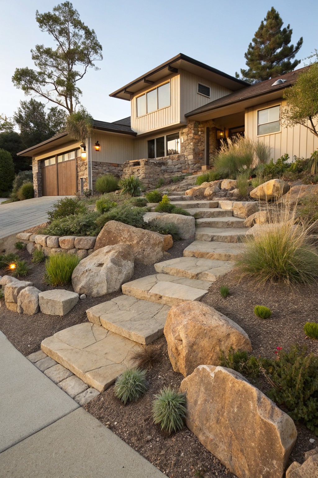 Beige mid-century style house on a slope with two-car garage, large boulders, flagstone steps, low grasses, and plants along the driveway.