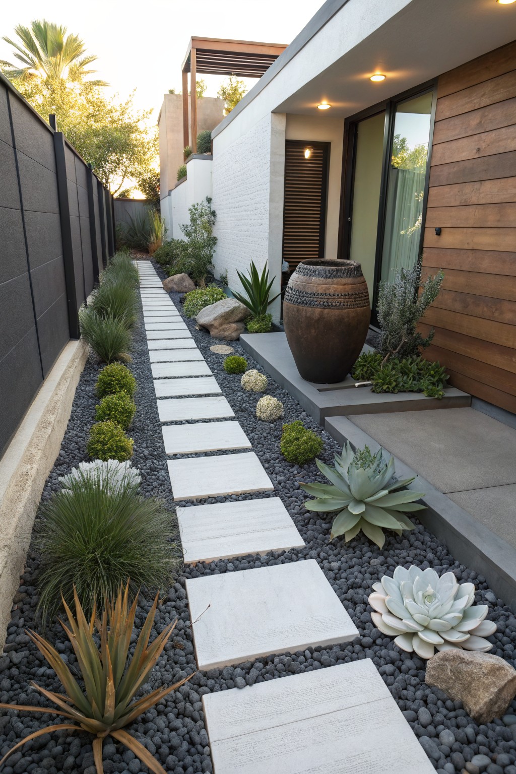Narrow outdoor pathway of rectangular white pavers embedded in black gravel mulch, bordered by succulents, agave plants, grasses, and boulders, alongside a modern house wall with wood cladding and white stucco.