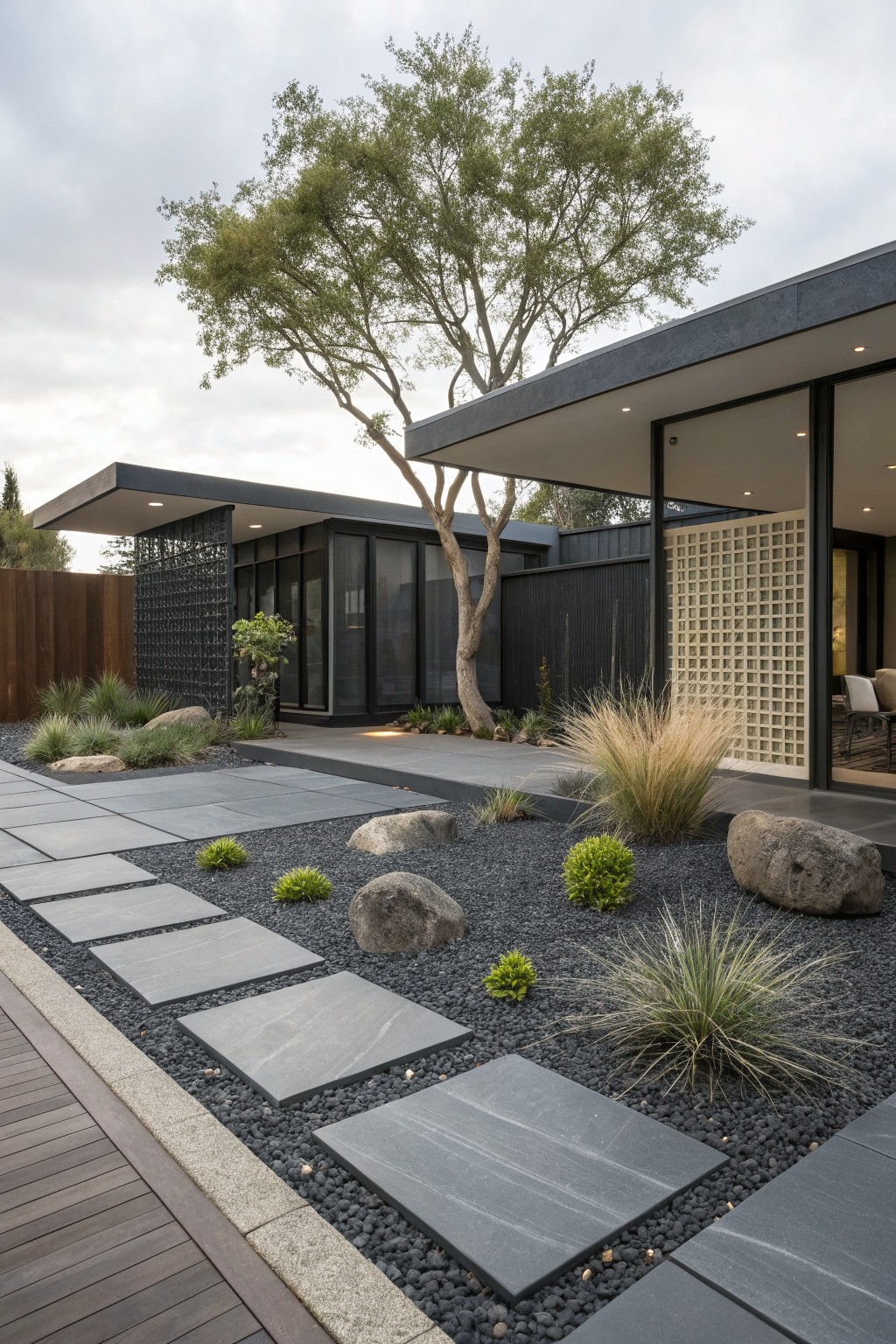 Black gravel garden bed with large rectangular slate stepping stones, boulders, ornamental grasses, and low shrubs leading to a modern house entryway.