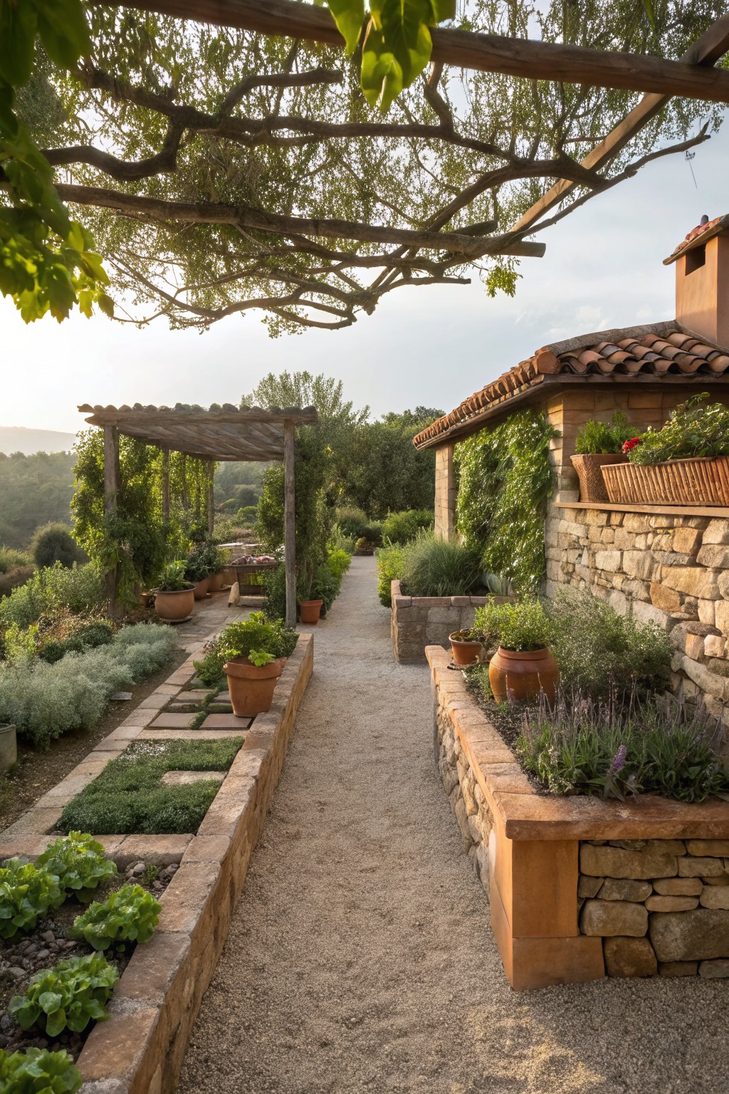 Stone Raised Beds Along a Path